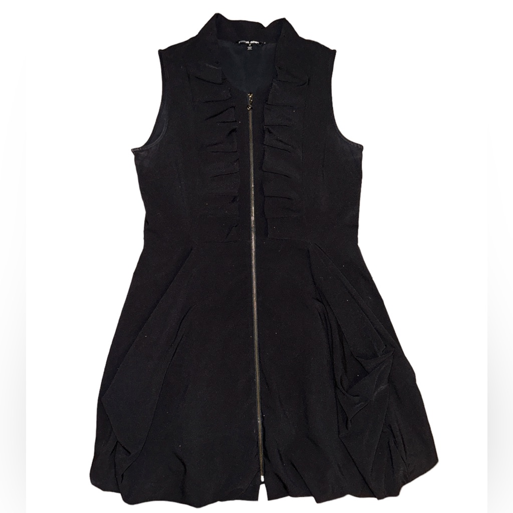 Samuel Dong Black Ruffled Sleeveless Full-Zip Black Midi Dress Size Medium New